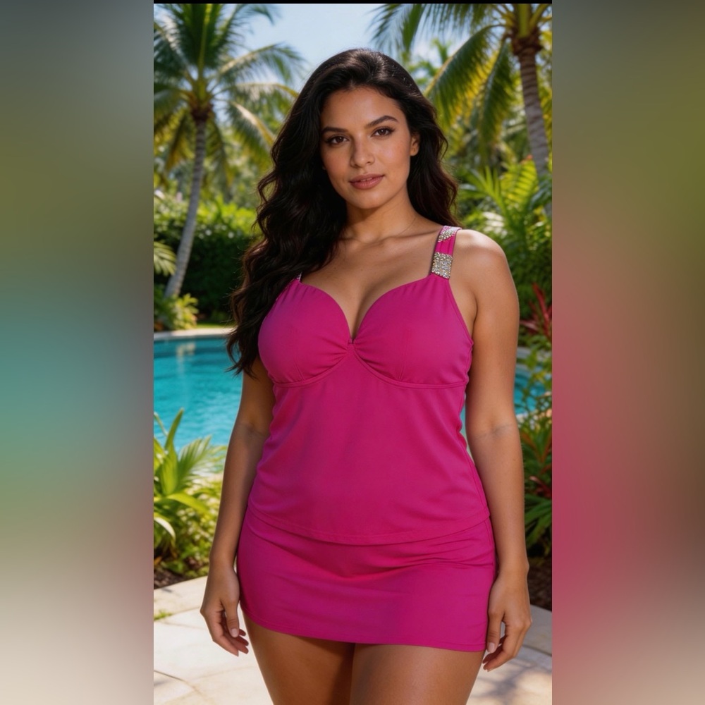 NWT 24 Lane Bryant Swim By Cacique Swim Skirt Fushcia w Gold Buckle - Picture 8 of 9